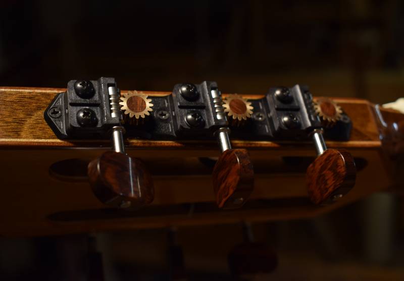 Gilbert Tuning machines with snakewood details matches the color of the guitar trim
